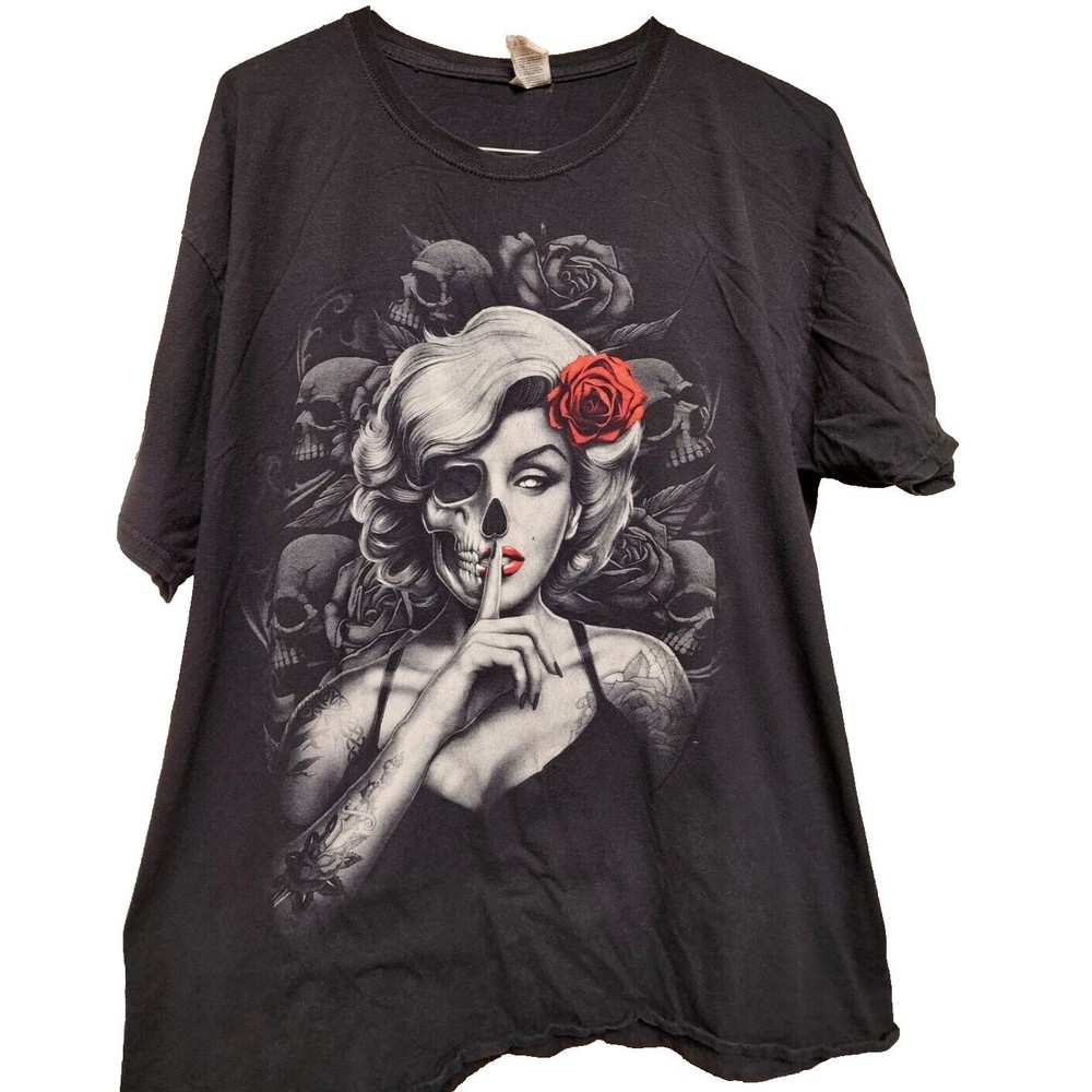 Marilyn Monroe Ghoul Skull Rose Black T-Shirt Size XL Unisex